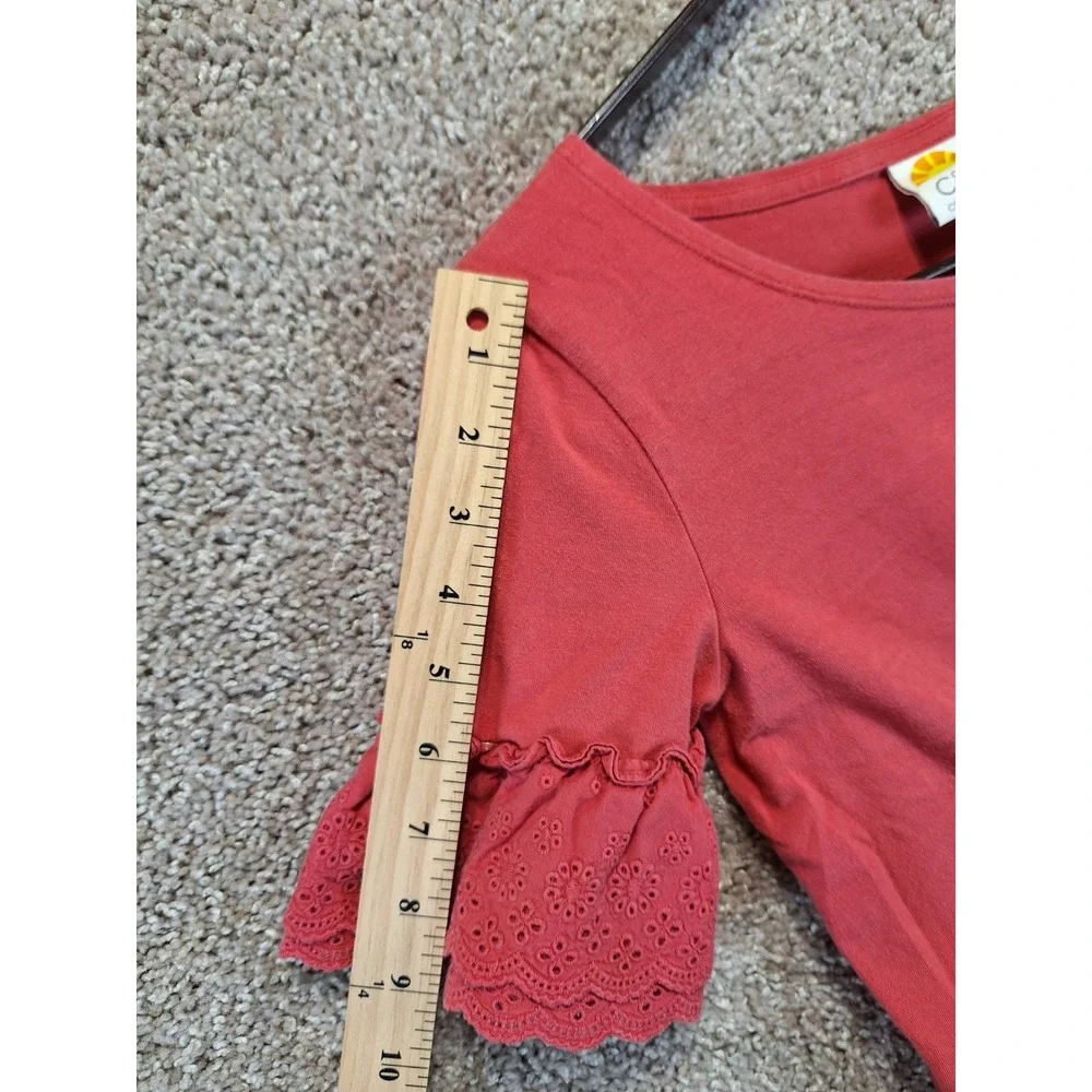 C&C California Shift Dress Womens XS Pink Stretch Eyelet Ruffle Sleeve Pullover - Picture 4 of 8